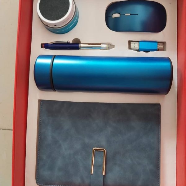 Executive 6 in 1 corporate gift set of ·          Notepad ·         Temperature * Vacuum Flask ·          Mouse ·          Bluetooth * Speaker ·         Ball Pen ·         Flash drive Available in 5 colours, Black, Blue, Gold, Red and Silver colors. MOQ-50pcs.